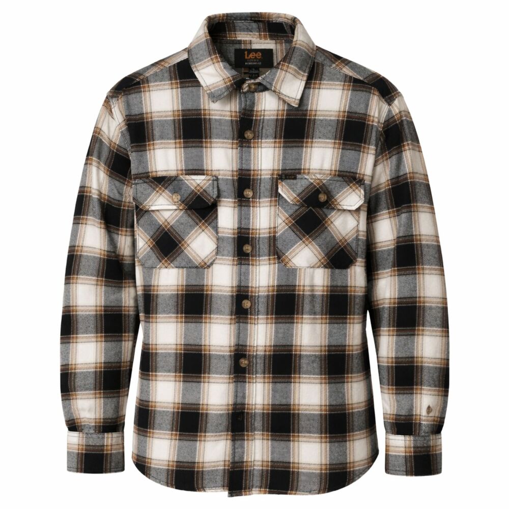 Lee Regular Fit Plaid Flannel Shirt Men’s Large Brown Gray Button Down Workwear